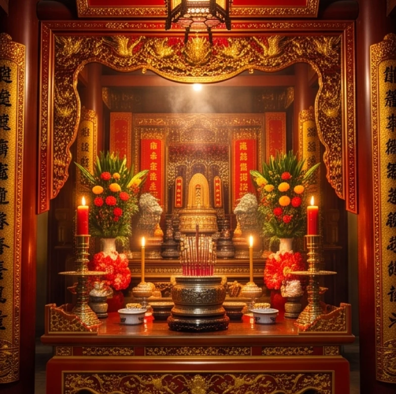 Không gian ban thờ Tam Tòa Thánh Mẫu trang nghiêm tại một đền phủ truyền thống
