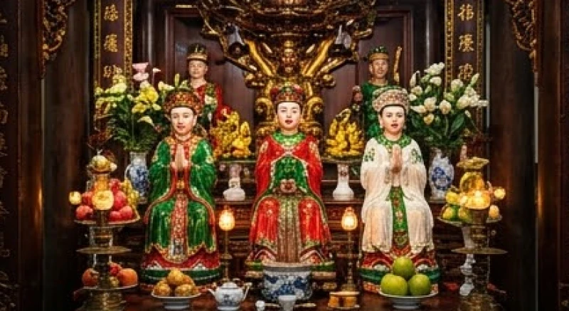Không gian thờ cúng rực rỡ sắc màu tại Ban Tam Tòa Thánh Mẫu với các pho tượng khoác áo choàng uy nghi