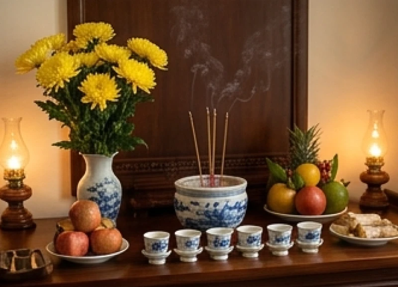 Bàn thờ Thần linh và Thổ địa được chuẩn bị chỉn chu trong ngày lễ nhập trạch