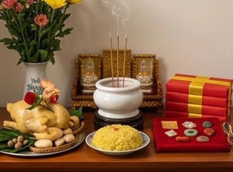 Bàn thờ Thần Tài Thổ Địa được chuẩn bị đầy đủ mâm lễ vật và bát hương để thực hiện nghi thức nạp cốt
