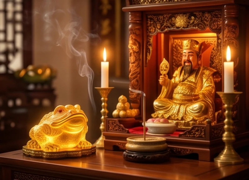 Thiềm thừ phong thủy tuổi Sửu: Màu nạp âm và hướng Bát trạch 11 Tượng thiềm thừ an tọa uy nghi bên cạnh bàn thờ Thần Tài Thổ Địa