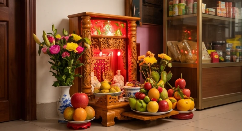 Ban thờ Thần Tài Thổ Địa được bày trí rực rỡ tại góc cửa hàng với mâm ngũ quả tươi ngon và đèn đỏ