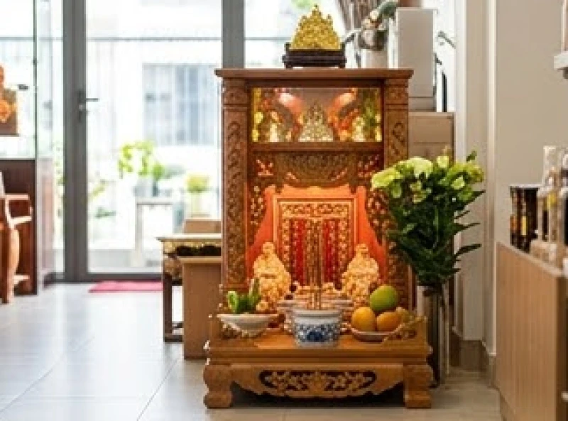 Bàn thờ Thần Tài Thổ Địa được đặt trang trọng tại góc sáng sủa của một cửa hàng kinh doanh sầm uất