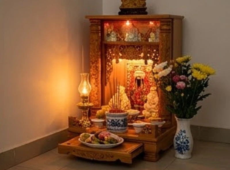 Bàn thờ Thần Tài Thổ Địa đặt tại góc nhà kinh doanh thắp sáng đèn