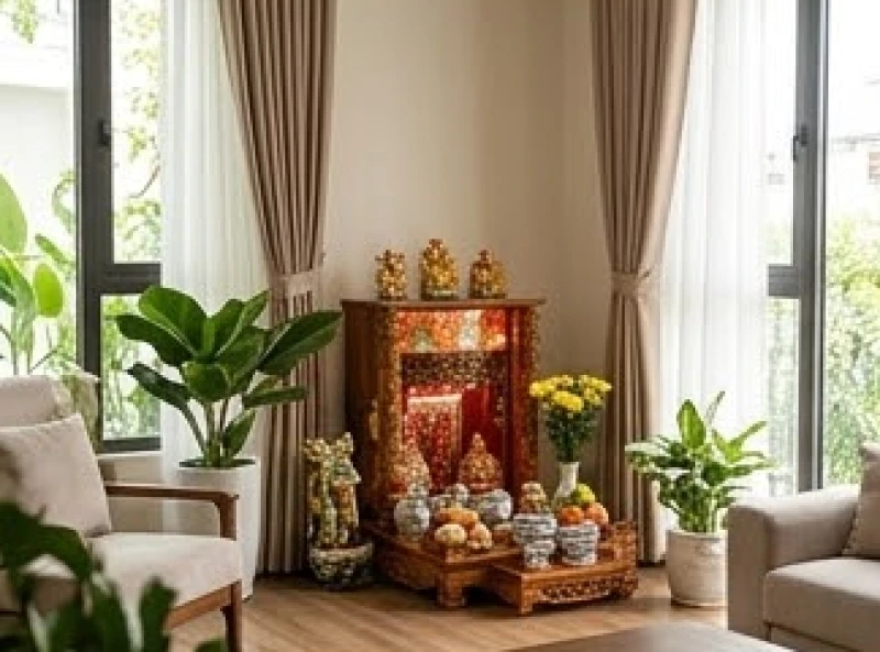 Cách bài trí bàn thờ Thần Tài cho tuổi Mão: sơ đồ chi tiết 4 Bàn thờ Thần Tài bài trí trong không gian phòng khách có ánh sáng tự nhiên