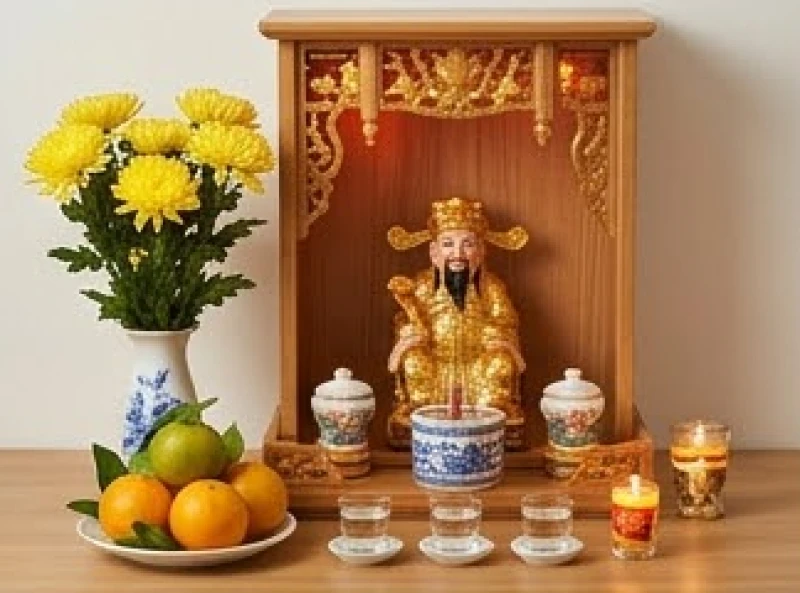 Văn khấn Thần Tài mùng 1: Mâm lễ, giờ hoàng đạo và cách đọc chuẩn 1 Bàn thờ Thần Tài Ông Địa được bày biện gọn gàng với bình hoa cúc vàng và mâm quả tươi sáng chuẩn bị cho lễ cúng mùng 1
