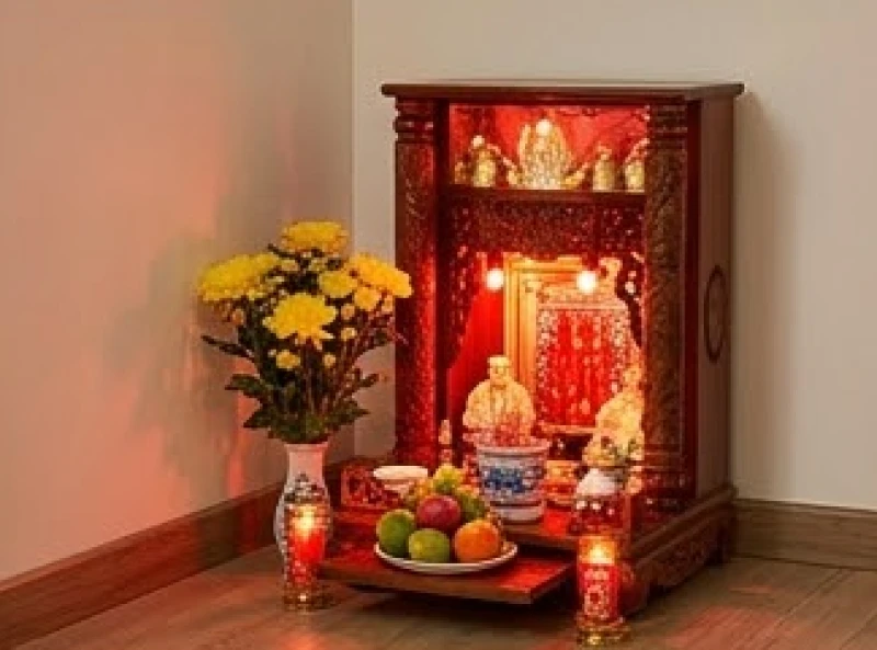 Văn khấn gia tiên mùng 2 Tết: Bài cúng chuẩn truyền thống 7 Bàn thờ Thần Tài Thổ Công đặt sát mặt đất được trang hoàng lộng lẫy với hoa tươi và lễ vật ngày đầu năm