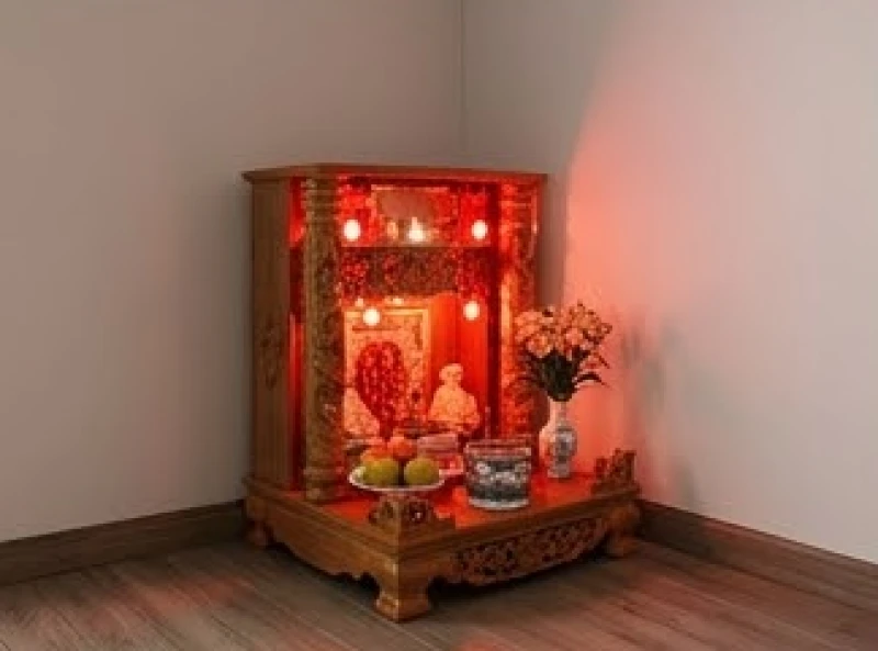 Bàn thờ Thần Tài Ông Địa được đặt vững chãi dưới góc phòng khách hướng thẳng ra phía cửa chính