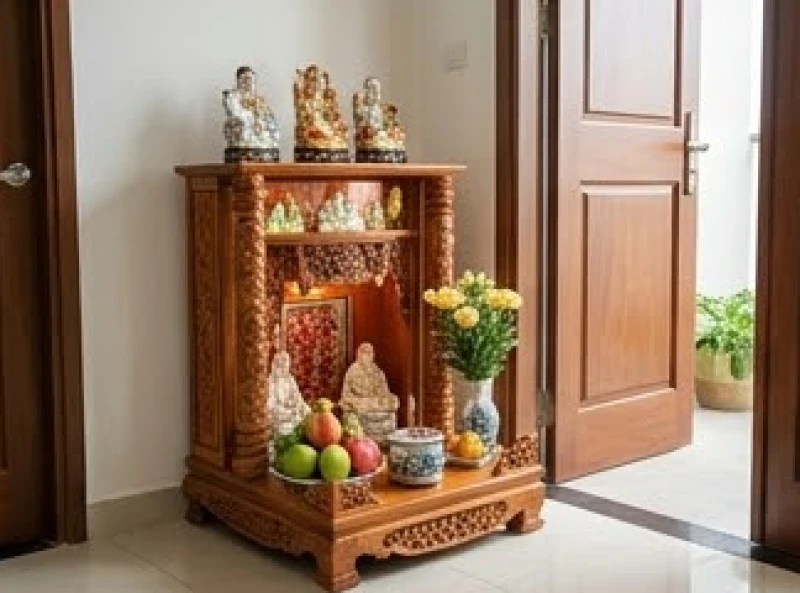 Hướng bàn thờ hợp tuổi Mùi: chuẩn 5 can chi và thước Lỗ Ban 6 Bàn thờ Thần Tài bằng gỗ gõ đỏ trang nghiêm đặt ở góc 45 độ hướng ra cửa chính đón lộc