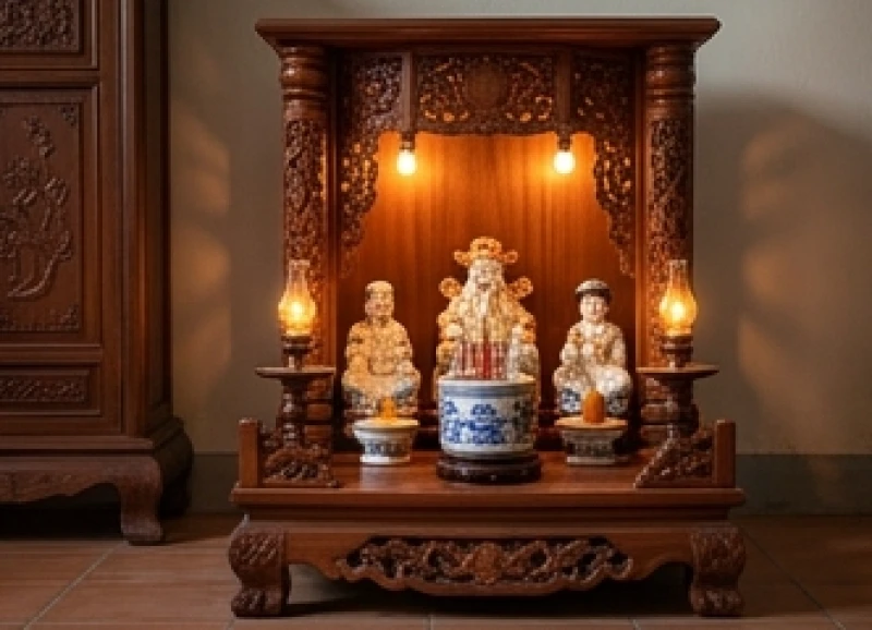 Không gian bàn thờ Thần Tài Ông Địa đặt sát nền nhà bằng gỗ chạm khắc trang nghiêm