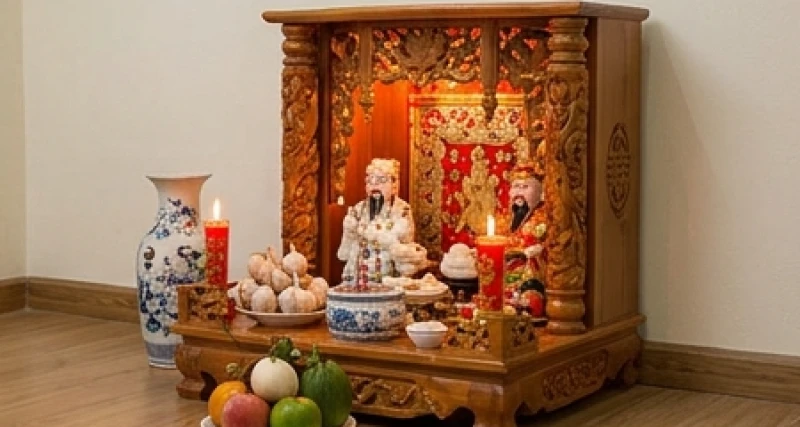 Bàn thờ Thần Tài Ông Địa đặt dưới đất, thắp đèn sáng ấm áp để nghênh đón tài lộc trong kinh doanh