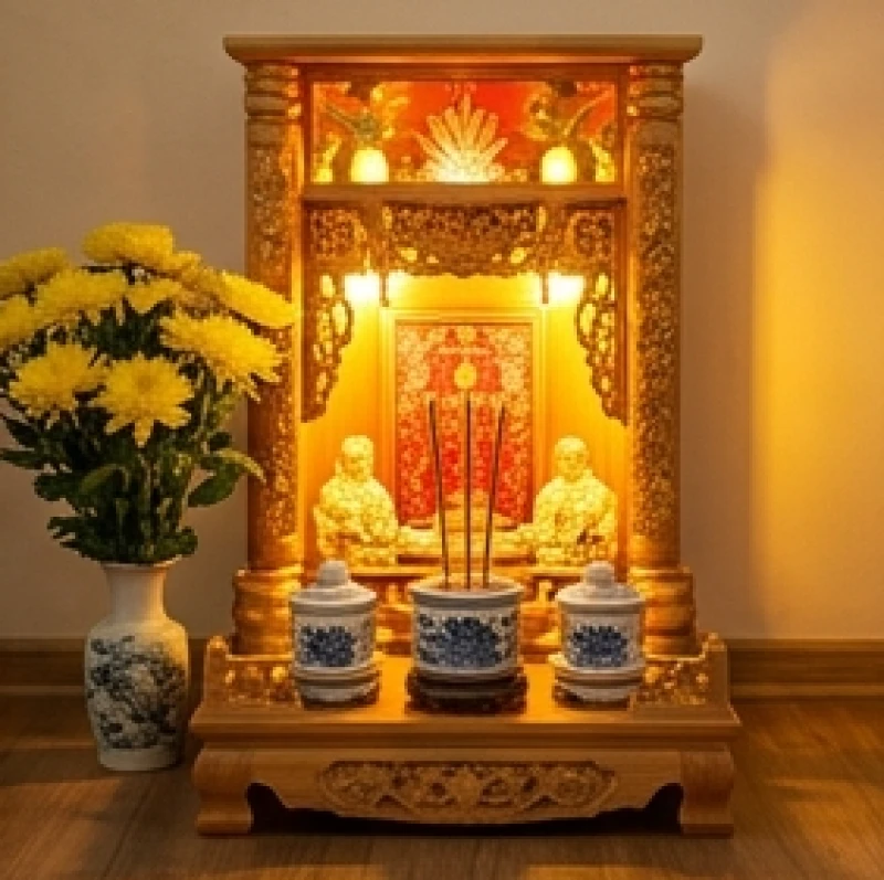 Bàn thờ Thần Tài Thổ Địa được trang hoàng rực rỡ với hoa cúc vàng và ba hũ gạo muối nước
