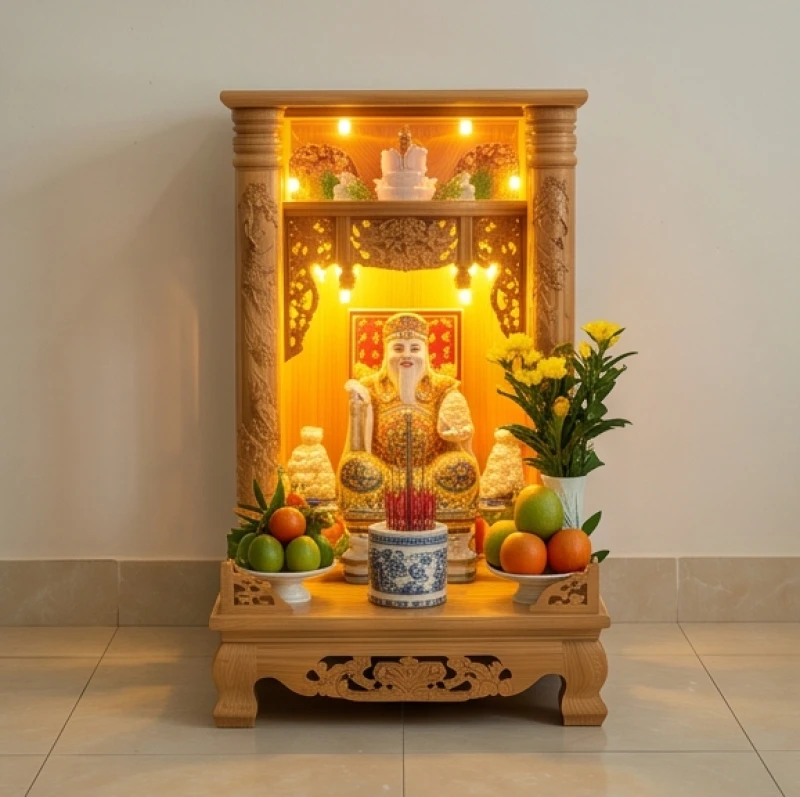 Bàn thờ Thần Tài được chiếu sáng ấm áp bằng đèn LED vàng đặt tại góc tụ khí trang nghiêm của căn phòng