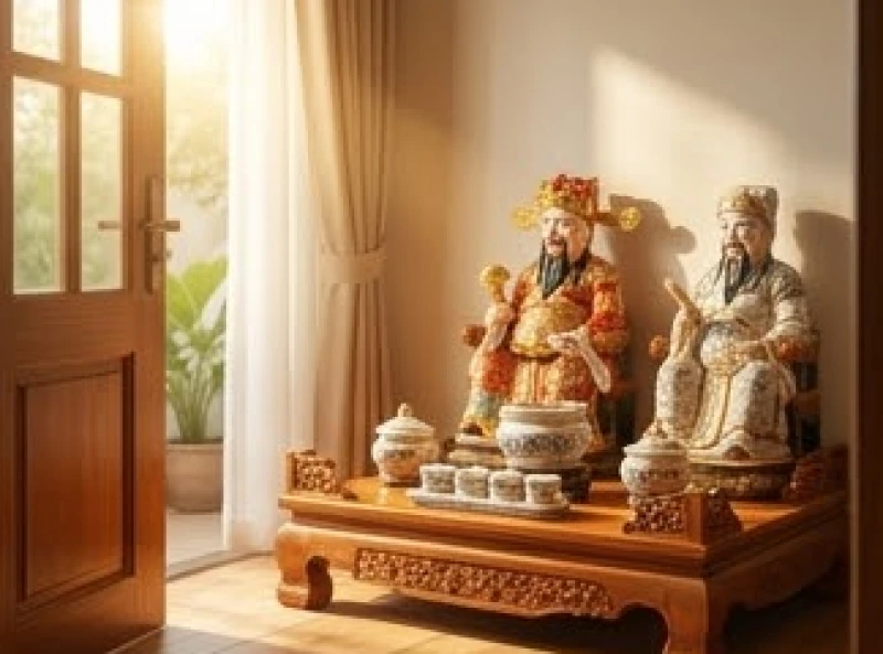 Bàn thờ Thần Tài Thổ Địa quay ra cửa chính đón luồng sinh khí tràn ngập không gian