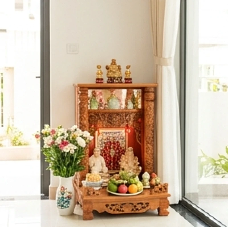 Bàn thờ Thần Tài Thổ Địa bằng gỗ đặt sát nền nhà, bài trí chỉn chu với hoa tươi và trái cây để đón lộc