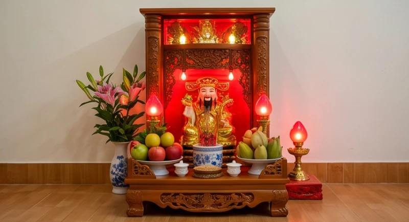 Bàn thờ Thần Tài Thổ Địa được bày biện tươm tất với hương khói và đèn điện lấp lánh