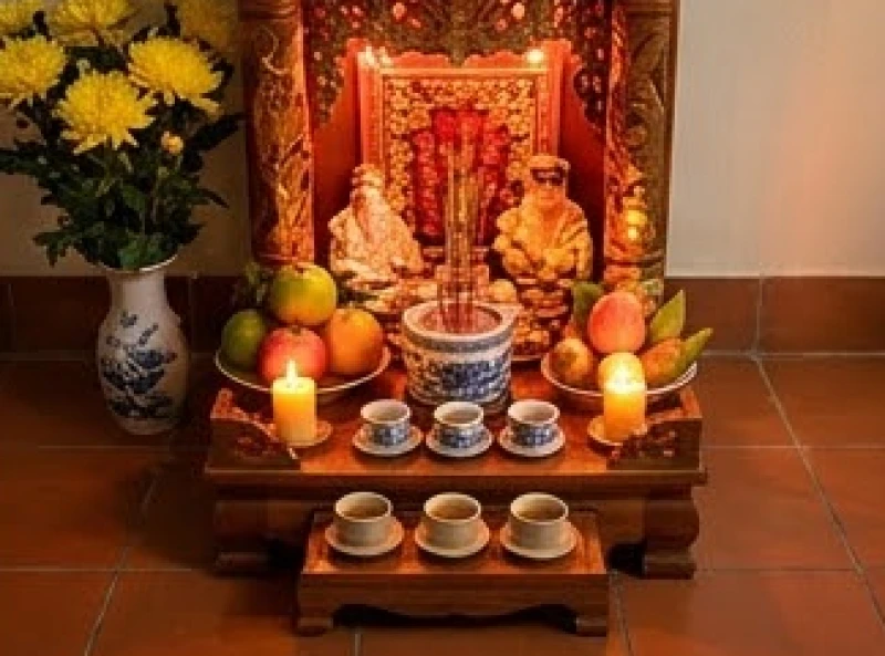 Văn khấn Nôm tại nhà: Trình tự bài bản và giải nghĩa từ vựng 6 Bàn thờ Thần Tài đặt dưới nền nhà với đầy đủ hương hoa, trà quả và ánh nến ấm áp
