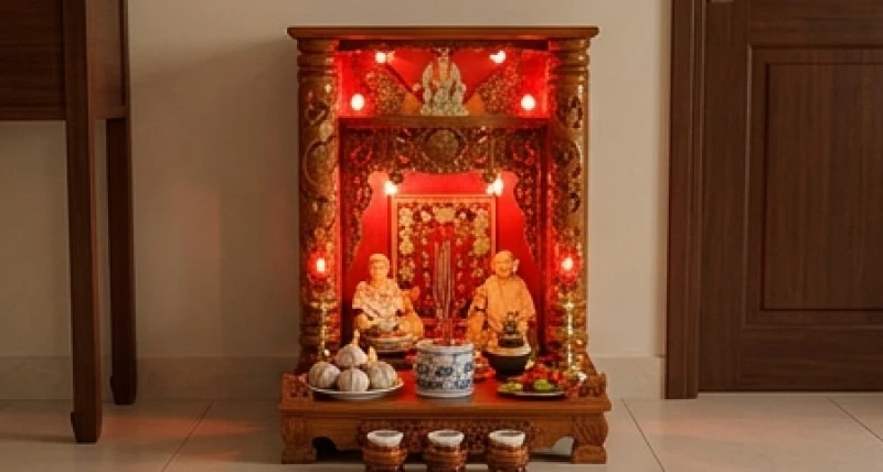 Văn khấn xin lộc gia tiên: Bài cúng làm ăn và nghi thức chuẩn 4 Bàn thờ Thần Tài Thổ Địa được bài trí trang nghiêm với đèn lấp lánh và đĩa tỏi
