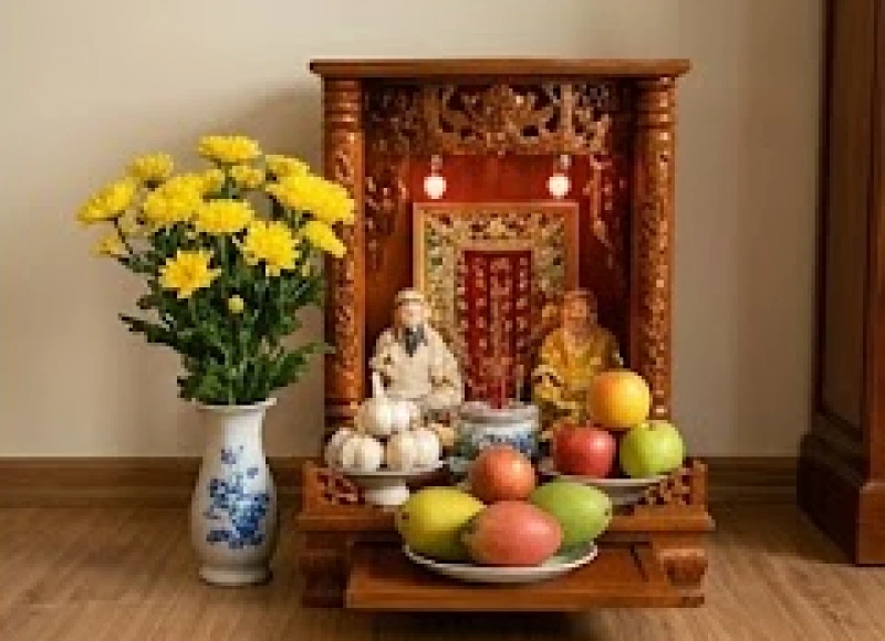 Bàn thờ Thần Tài Thổ Địa được dâng lễ vật tươm tất gồm hoa tươi, trái cây và chén nước sạch ngày mùng 1