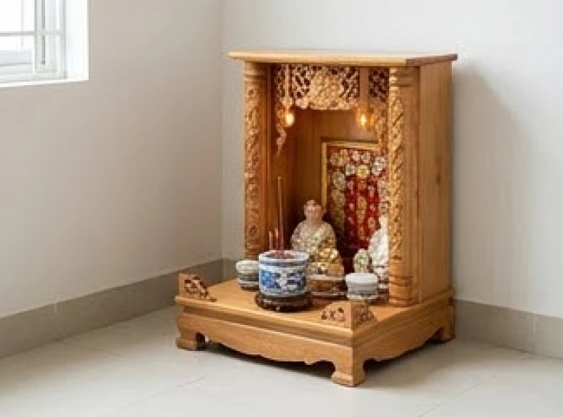 Ban thờ Thần Tài được sắp xếp sát mặt sàn vững chãi tại một góc nhà sạch sẽ