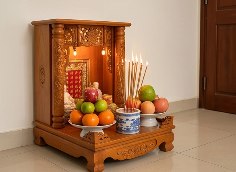 Bàn thờ Thần Tài Thổ Địa được dọn dẹp sạch sẽ cùng mâm ngũ quả và nhang đèn chuẩn bị cho nghi thức cầu tài lộc