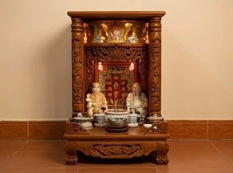 Bàn thờ Thần Tài Thổ Địa đặt dưới sát mặt sàn nhà được lau chùi sạch sẽ bằng nước ngũ vị hương