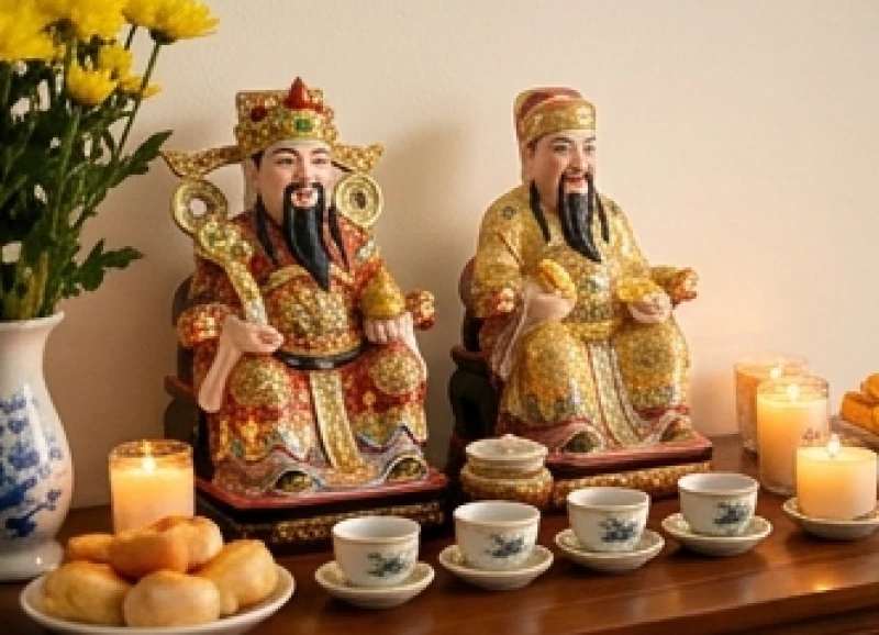 Văn khấn cầu tài lộc tại cửa hàng: Trình tự cúng và mâm lễ chuẩn 1 Bàn thờ Thần Tài Thổ Địa với đầy đủ các bức tượng thần linh và vật phẩm phong thủy đặt trang trọng tại cửa hàng