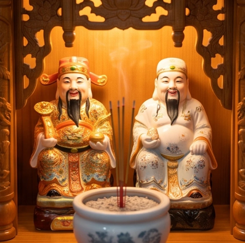Hai bức tượng sứ Thần Tài và Thổ Địa an tọa trang nghiêm cạnh nhau bên trong một khám thờ bằng gỗ