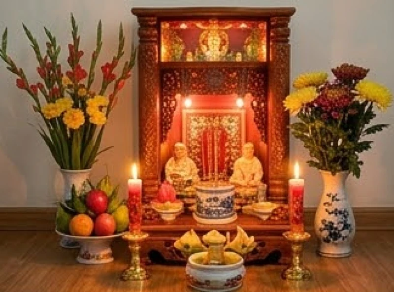 Bàn thờ Thần Tài Thổ Địa được bày biện tươm tất với nến cháy sáng rực rỡ và nhang cuộn tàn