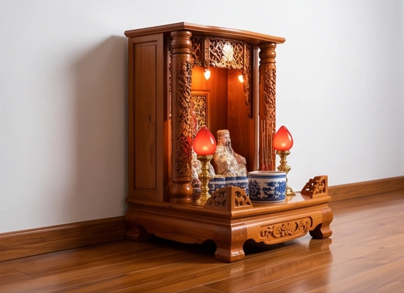 Bàn thờ Thần Tài vững chãi tựa lưng vào bức tường kiên cố không có cửa sổ phía sau để đảm bảo tụ khí