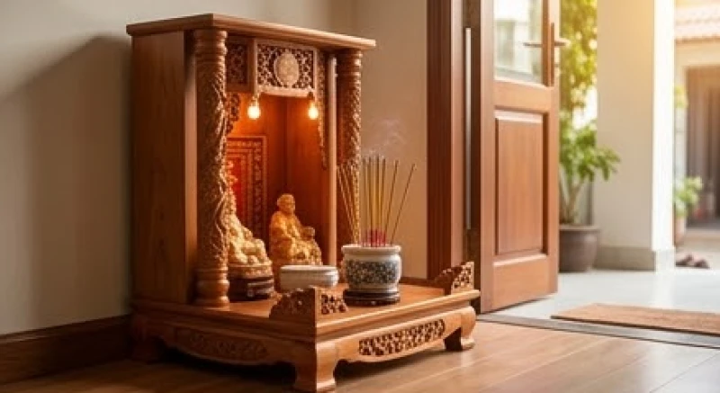 Bàn thờ Thần Tài phong thủy đặt sát mặt đất và tựa lưng vào bức tường đặc vững chắc