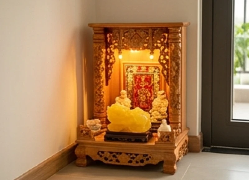 Kỷ mão 1999 hợp hướng nào: Bảng tra nam nữ và cách hóa giải 7 Bàn thờ Thần Tài bằng gỗ nâu bày trí thêm Tỳ Hưu đá thạch anh vàng