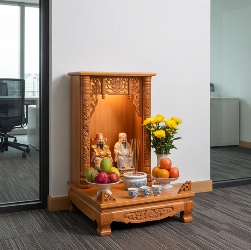 Khám thờ Thần Tài bằng gỗ thiết kế tối giản được đặt vững chãi tại góc một không gian văn phòng