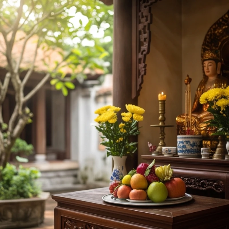 Mâm lễ chay thanh tịnh được chuẩn bị riêng biệt để dâng lên ban thờ Trần Triều phối thờ trong khuôn viên nhà Phật