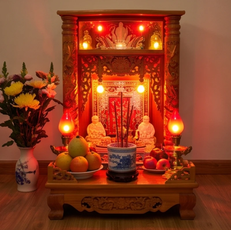 Ban thờ Thần Tài Thổ Công rực rỡ ánh đèn với mâm quả tươi và nén nhang đang cháy dở