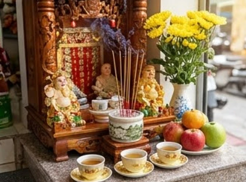 Bàn thờ Thần Tài Thổ Địa tại cửa hàng kinh doanh với khói hương nghi ngút và mâm quả tươi