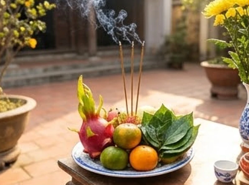 Bàn thờ nhỏ lập ngoài sân dâng lên Tiền Chủ Hậu Chủ với mâm ngũ quả và ba nén nhang đang cháy