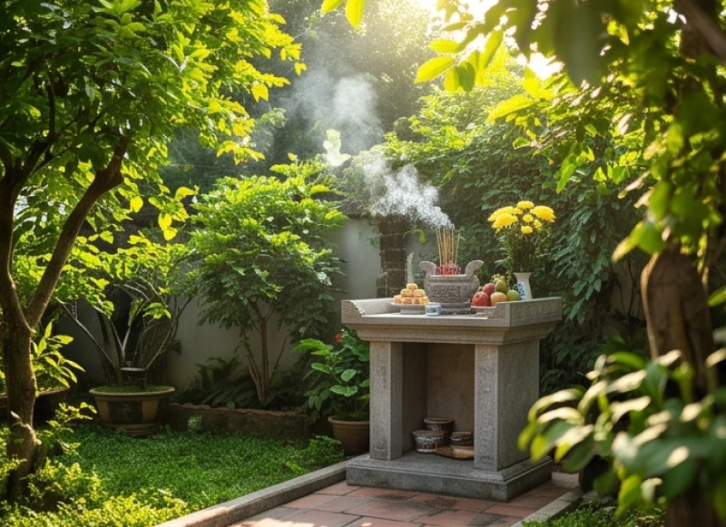 Cây hương thờ Tiền chủ đặt khiêm tốn ở một góc sân vườn đón ánh nắng tự nhiên