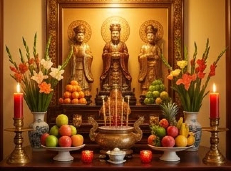 Bàn thờ Tam vị Thánh Tổ sân khấu được bài trí trang nghiêm với hoa tươi, trái cây và đèn cầy đỏ rực rỡ