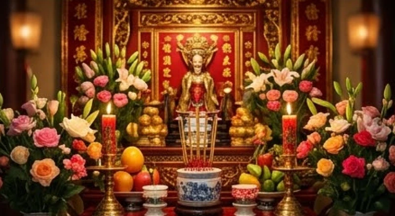 Bàn thờ Tam vị Thánh tổ trang nghiêm của ngành sân khấu điện ảnh với mâm hương hoa rực rỡ