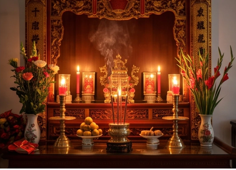 Bàn thờ tổ tiên được trang hoàng trang nghiêm với nến và hoa tươi để chuẩn bị cho lễ yết cáo