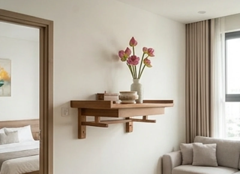 Bàn thờ treo tường nhỏ gọn bằng gỗ sồi sáng màu được bắt vít chắc chắn vào mảng tường phòng khách chung cư