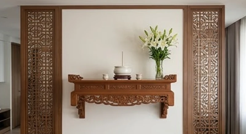 Bàn thờ gỗ treo tường trong căn hộ chung cư được lắp đặt ở độ cao tiêu chuẩn, đảm bảo tính trang nghiêm