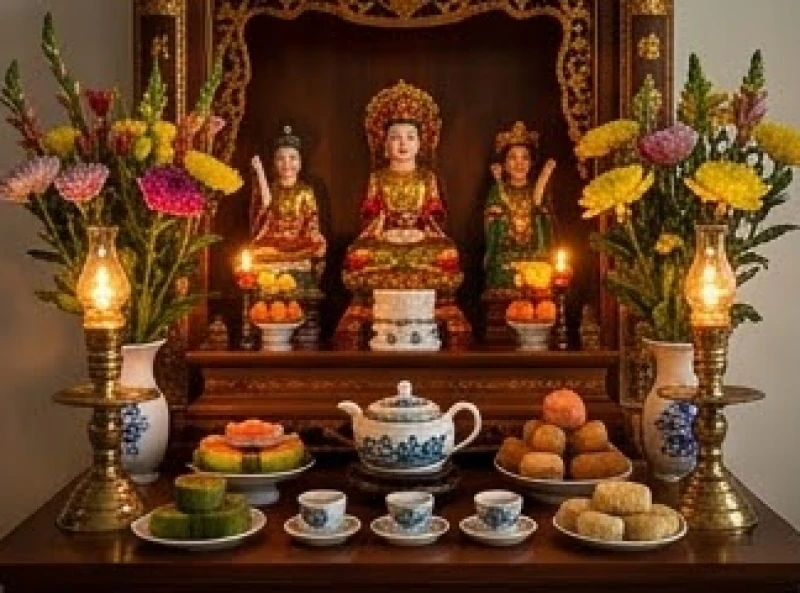 Gia chủ chuẩn bị đọc văn khấn điện thờ tại gia trước ban thờ Tứ Phủ trang nghiêm với hoa tươi và lễ vật