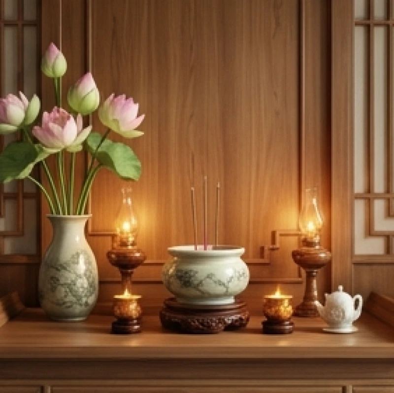 Hướng bàn thờ hợp tuổi Thân: Bảng tra Nam Nữ & kích thước chuẩn 5 Không gian thờ cúng thanh tịnh dành cho nam gia chủ sinh năm Canh Thân với bình hoa sen tươi và đèn lưu ly rực sáng