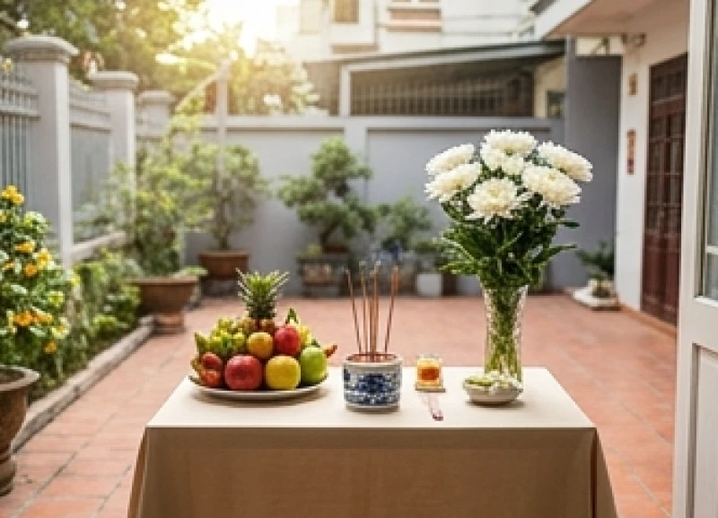 Chiếc bàn nhỏ phủ khăn sạch đặt trước sân nhà hướng về phương Nam để thiết lập mâm cúng vọng