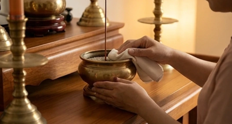 Gia chủ cẩn thận dùng khăn sạch lau dọn và điều chỉnh lại lư hương trên bàn thờ gia tiên cho vững chãi