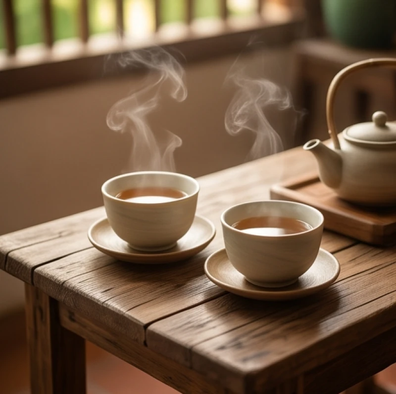 Tuổi Kỷ Hợi 1959: Tra cứu bản mệnh, hướng nhà và màu hợp 8 Hai chén trà gốm sứ tinh tế bốc khói nghi ngút đặt trên chiếc bàn gỗ hương mộc mạc