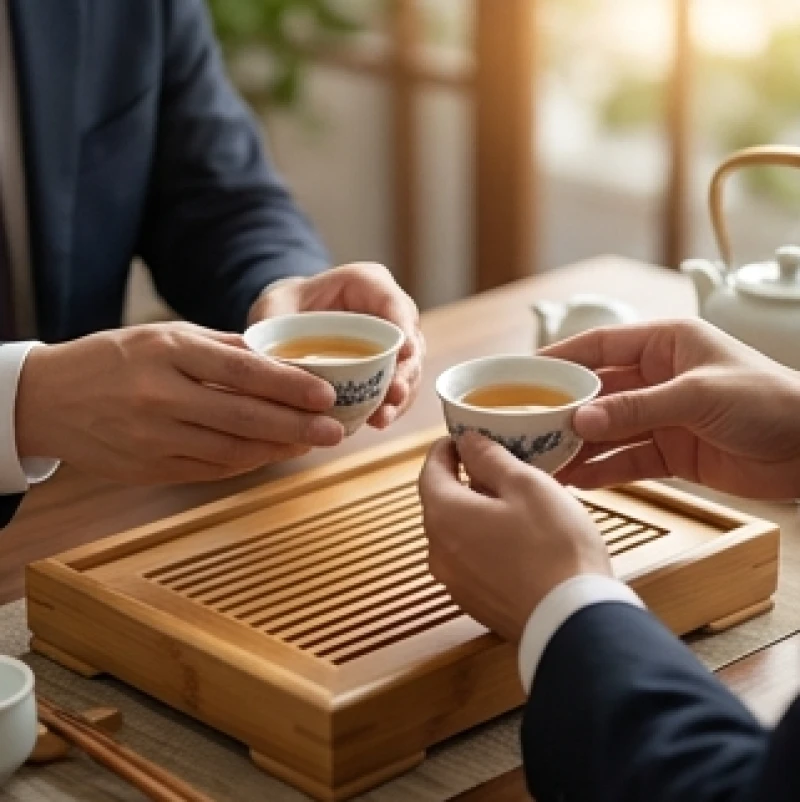 Hai đối tác kinh doanh đang ngồi thưởng trà đàm đạo thể hiện sự hòa hợp và tin tưởng trong mối quan hệ hợp tác làm ăn