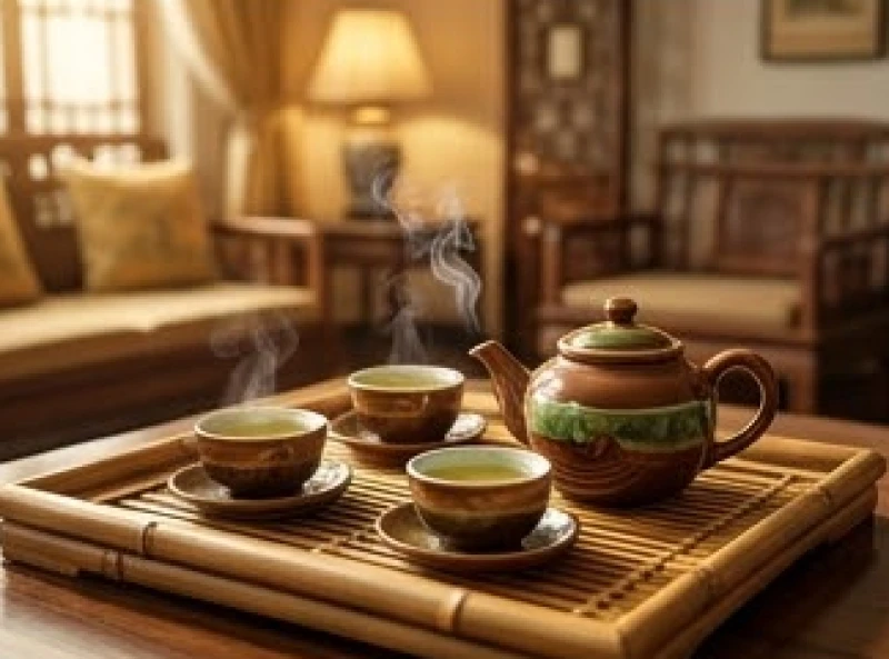 Bộ ấm chén pha trà bằng gốm sứ truyền thống đặt trên khay tre phòng khách